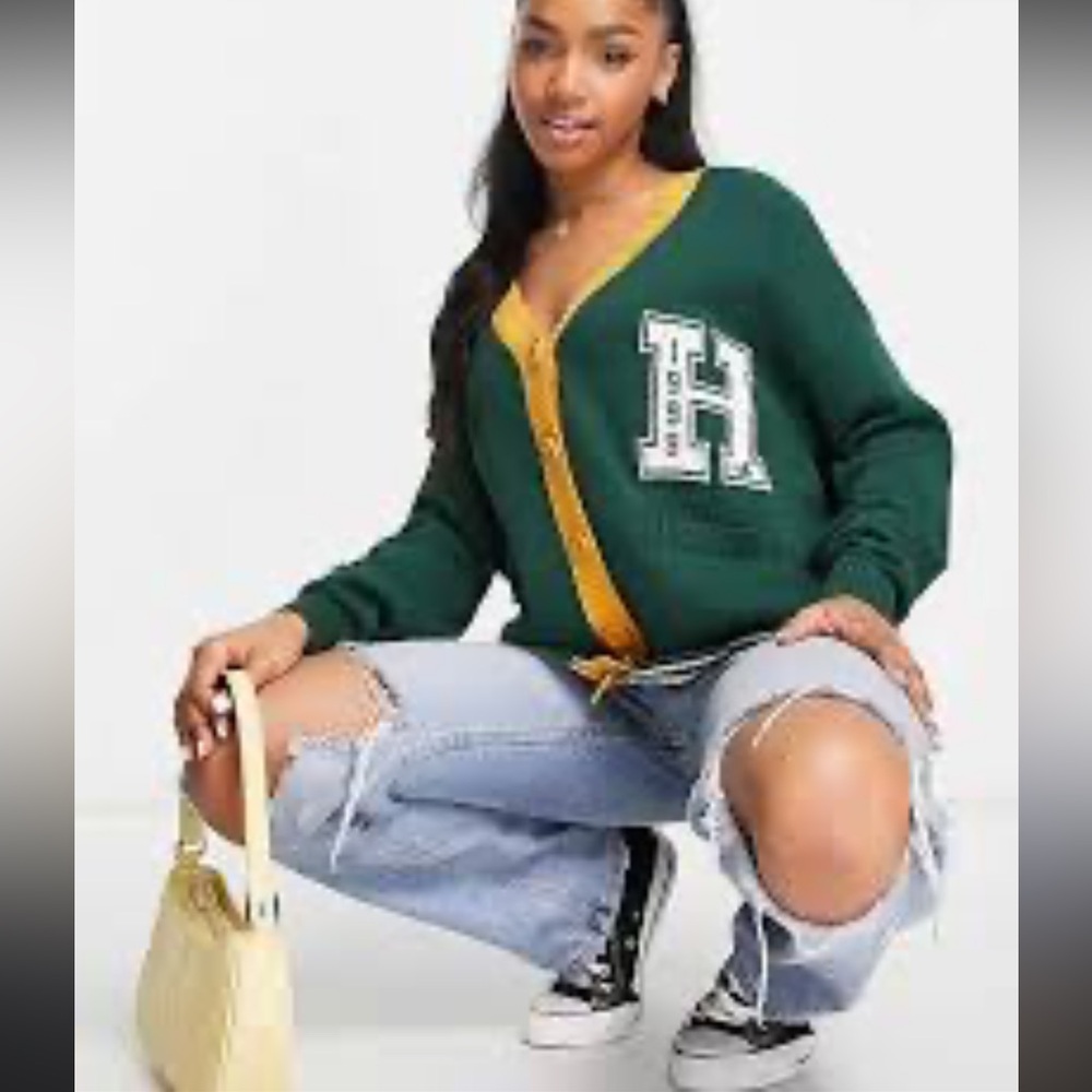 Hollister Green Cardigan with Yellow Accents. Small Ivy Core Academia Preppy
